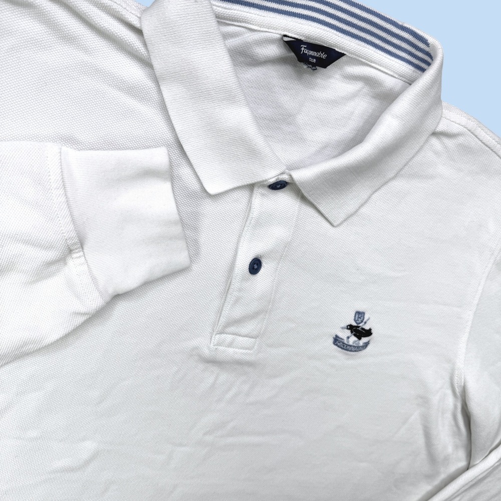 Faconnable Polo‎ Shirt Men L White Long Sleeve Pique Cotton Club Preppy Designer